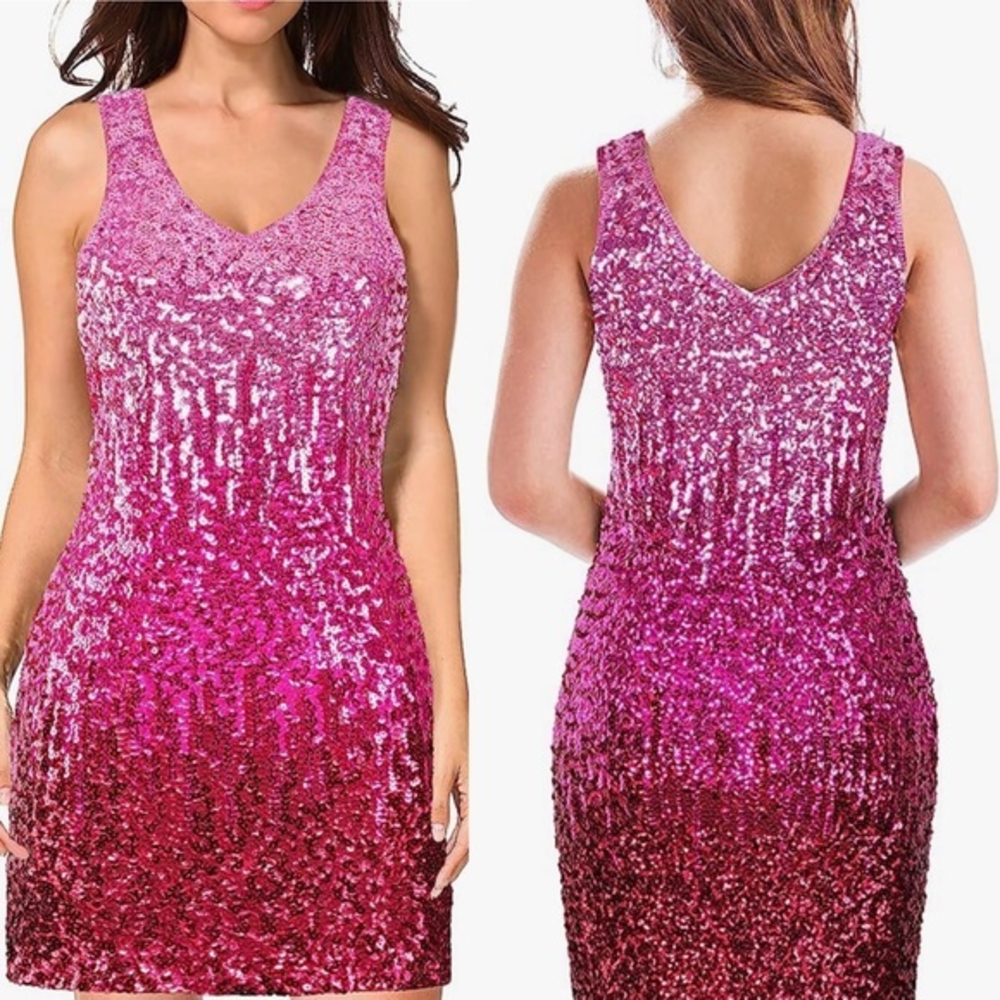 🌼 MANER  Barbie Pink Ombré Sequins. Sleeveless. Cocktails . Forml. Dress.Size M